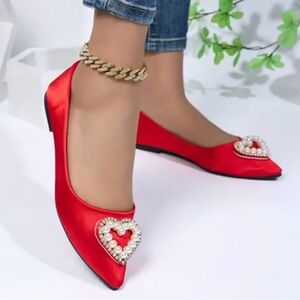 Amazon Elegant Red Satin flats with Pearl Heart Embellishment size 37